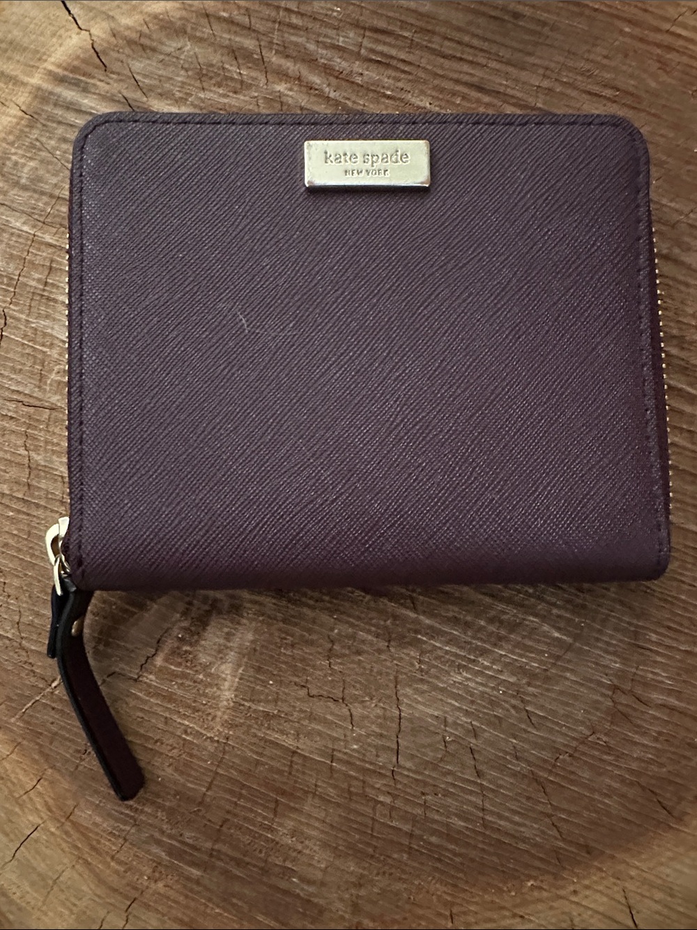 kate spade ♠️ Saffiano Zip Wallet in Plum with Gold Plaque